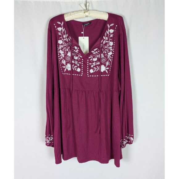 NWT Bloomchic Tunic 26 Women's Pink Embroidered Long Sleeve Tie Neck Stretch - Picture 2 of 8